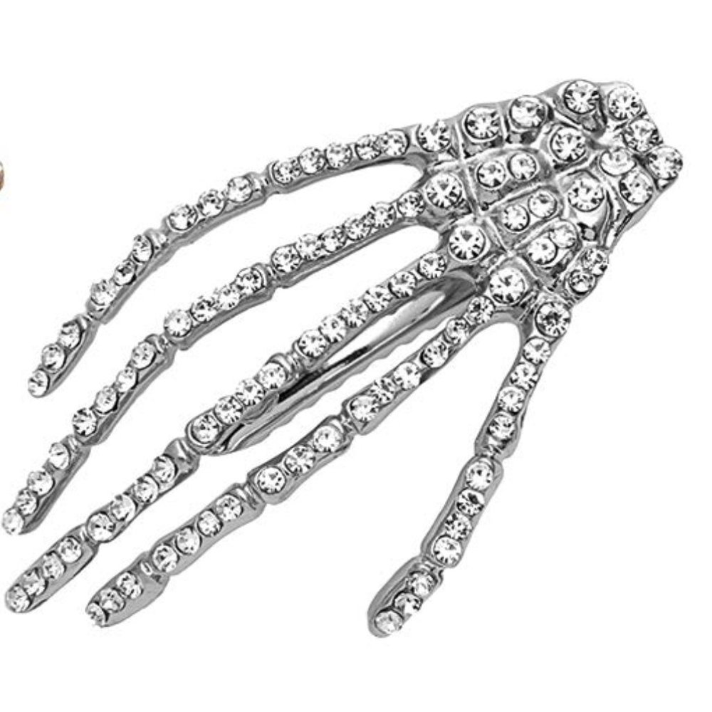 Silver Pave Rhinestone Skeleton Hand Crystal Hair Clip Corpse Hairclip Halloween